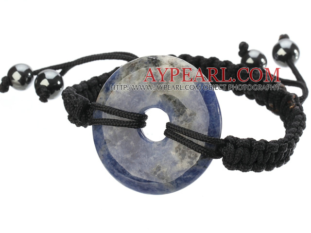 Trendy Style Big Donut Shape Sodalite Black Thread Woven Adjustable Drawstring Bracelet