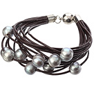 Simple Fashion Style Multi Strands 10-11mm Natural Gray Freshwater Pearl Chocolate Color Leather Bracelet With Magnetic Clasp