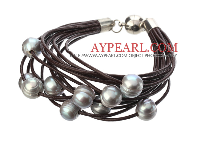 Simple Fashion Style Multi Strands 10-11mm Natural Gray Freshwater Pearl Chocolate Color Leather Bracelet With Magnetic Clasp