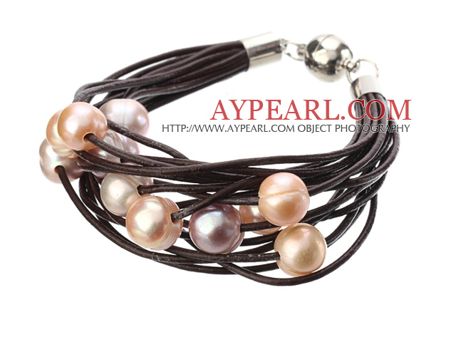 Simple Fashion Style Multi Strands 10-11mm Natural Pink Freshwater Pearl Chocolate Color Leather Bracelet With Magnetic Clasp