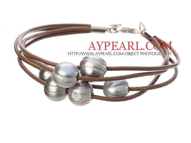 Simple Fashion Style Multi Strands 10-11mm Natural Gray Freshwater Pearl Brown Leather Bracelet With Lobster Clasp