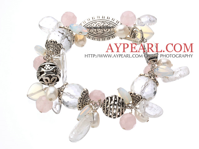 Vintage Style Clear Crystal Rose Quartz Opal Pearl And Tibet Silver Accessory Bracelet With Toggle Clasp