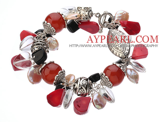 Vintage Style Heart Shape Clear Crystal Red Agate Button Pearl Red Coral And Tibet Silver Accessory Bracelet With Toggle Clasp