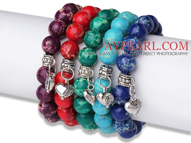 Amazing 5 pcs Round Multi Color Imperial Jasper Beads Elastic Bracelets with Thai Silver Heart Accessory