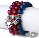 3 stk vakre runde Multi Color Agate Beaded elastisk armbånd med Thai Silver Charm