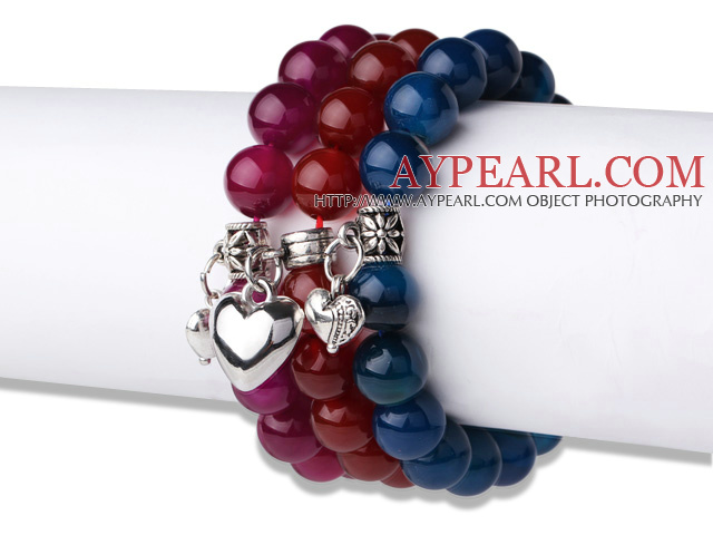 3 pcs Beautiful Round Multi Color Agate Beaded Elastic Bracelets with Thai Silver Charm