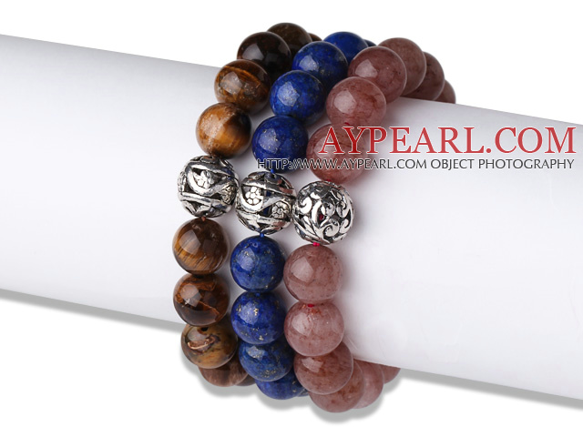 Cool Style 3 pcs Round Tiger Eye Lapis and Strawberry Quartz Beaded Stretchy Bracelet with Heart Charm