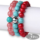 Lovely 3 pcs Round Cherry Quartz Turquoise and Red Bloodstone Beaded Elastic Bracelet with Heart Charm