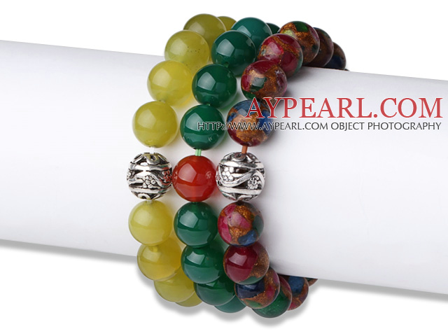 Vintage Style 3 pcs Round South Korean Jade Green Agate and Glaze Beads Bracelet with Thai Silver Charm