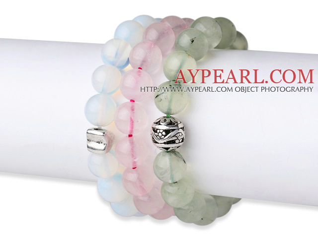 3 pcs Lovely Round Opal Rose Quartz and Prehnite Beaded Stretchy Bracelet with Accessory