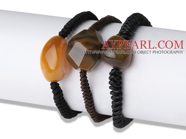 3 pièces style simple forme irrégulière Agate avec bracelets en cuir tricoté à la main