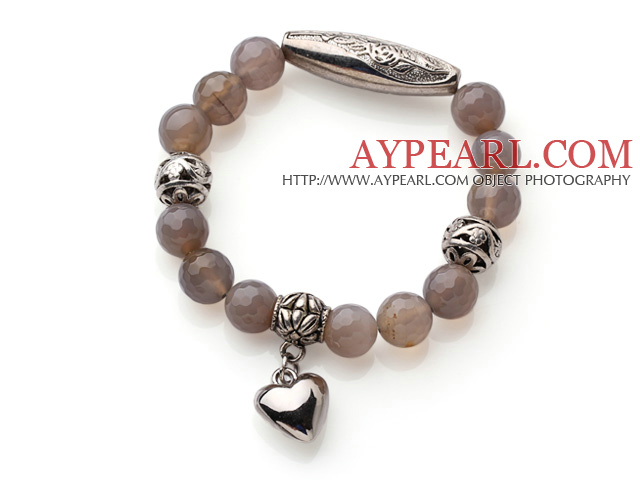 10mm Single Strand Faceted Grey Agate Beads Bracelet with Thai Silver Accessory