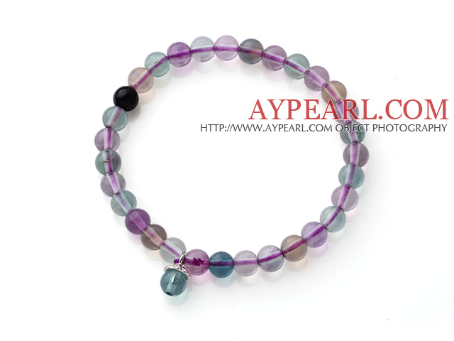 High Quality Single Strand 6mm A Grade Round Rainbow Fluorite Beaded Stretchy Bracelet with Charm