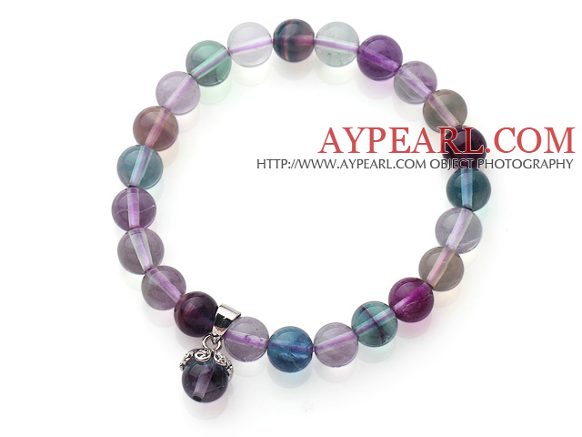 High Quality Single Strand 8mm A Grade Round Rainbow Fluorite Beaded Stretchy Bracelet with Charm