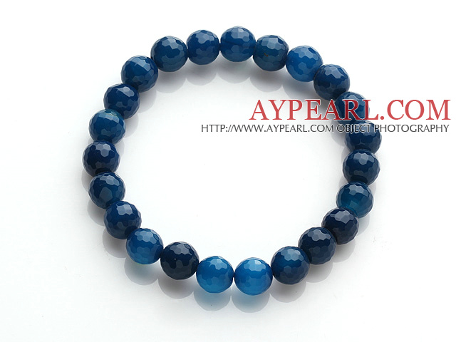 Pretty 8mm Single Strand Faceted Dark Blue Agate Beaded Stretchy Bracelet