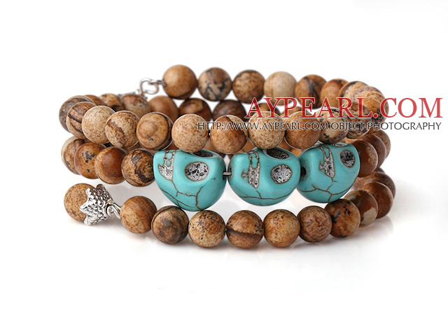 New Arrival Multi Strands Round Picture Jasper Beaded Elastic Bracelet with Turquoise Skull and Charm