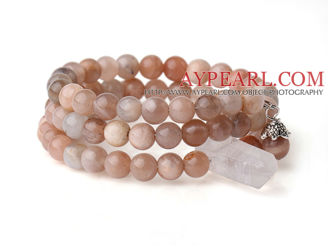 New Arrival Multi Strands Round Sunstone Beaded Elastic Bracelet with Clear Crystal and Charm