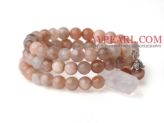 Nye Ankomst Multi Strands Round Sunstone Beaded Elastisk armbånd med Clear Crystal og Charm