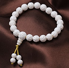 8mm Single Strand Carved Lotus White Sea Shell Beaded Elastic Bracelet with Rosary/ Prayer Beads