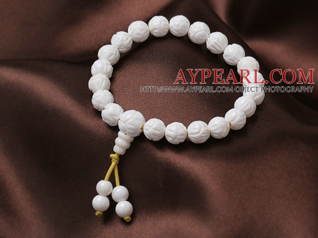 8mm Single Strand Carved Lotus White Sea Shell Beaded Elastic Bracelet with Rosary/ Prayer Beads
