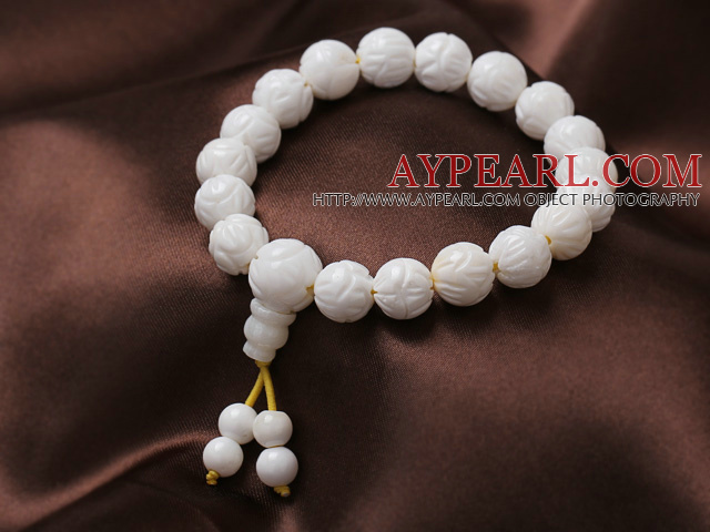 10mm Single Strand Carved Lotus White Sea Shell Beaded Elastic Bracelet with Rosary/ Prayer Beads