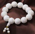 16mm Single Strand Carved Lotus White Sea Shell Beaded Elastic Bracelet with Rosary/ Prayer Beads