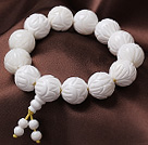 Wholesale 16mm Single Strand Carved Lotus White Sea Shell Beaded Elastic Bracelet with Rosary/ Prayer Beads