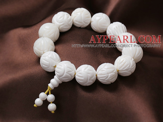 16mm Single Strand Carved Lotus White Sea Shell Beaded Elastic Bracelet with Rosary/ Prayer Beads