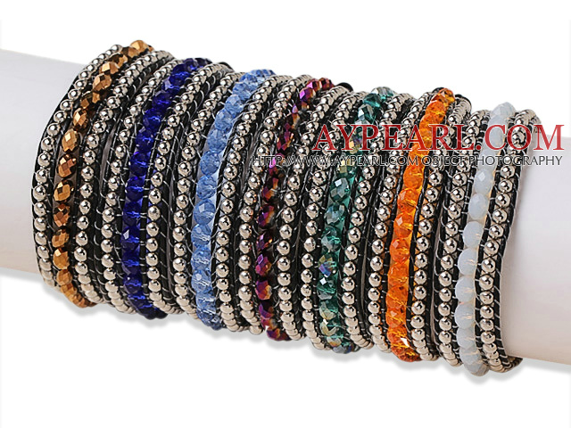 Amazing 7 pcs Single Strand Faceted Multi Color Crystal Beaded Leather Bracelets