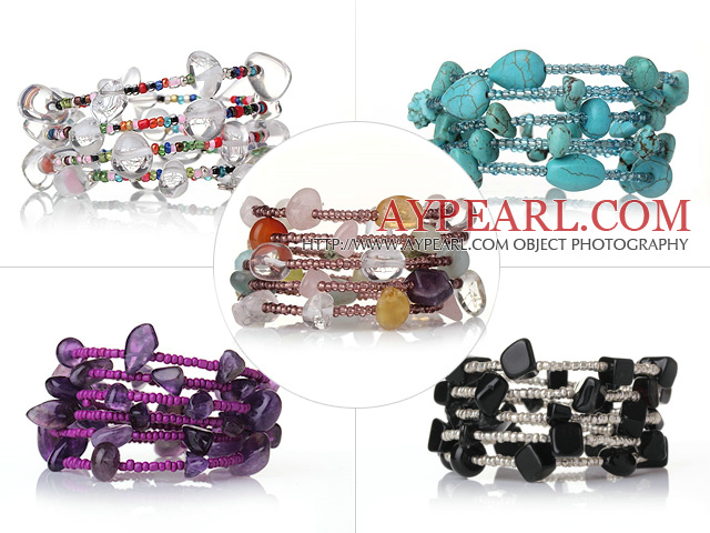 5 pcs Beautiful Multi Layer Multi Color Wrapped Gemstone and Crystal Stretch Bracelets