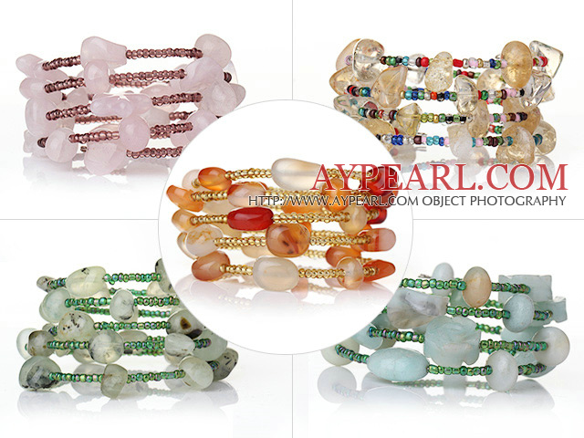 5 pcs Beautiful Multi Layer Multi Color Wrapped Gemstone and Crystal Elastic Bracelets