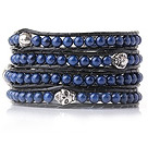 Popular Style Multi Strands Round Lapis Beaded Bracelet with Black Leather and Skull