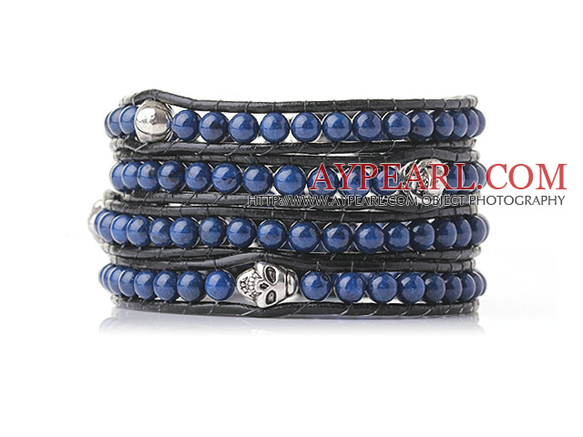 Popular Style Multi Strands Round Lapis Beaded Bracelet with Black Leather and Skull