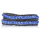 Wholesale Trendy Design Two Strands Blue Manmade Crystal Beads Bracelet with Black Leather