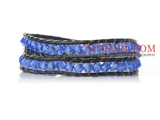 Trendy Design Two Strands Blue Manmade Crystal Beads Bracelet with Black Leather