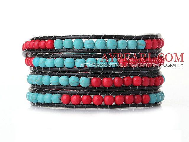 Popular Style Multi Strands Round Blue Turquoise Red Coral Beaded Bracelet with Leather