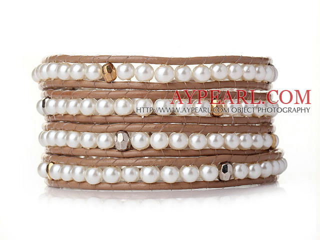 Popular Style Multi Strands Round White Acrylic Pearl Beads Bracelet with Brown Leather