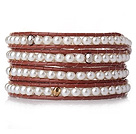 Popular Style Multi Strands Round White Acrylic Pearl Beaded Bracelet with Leather