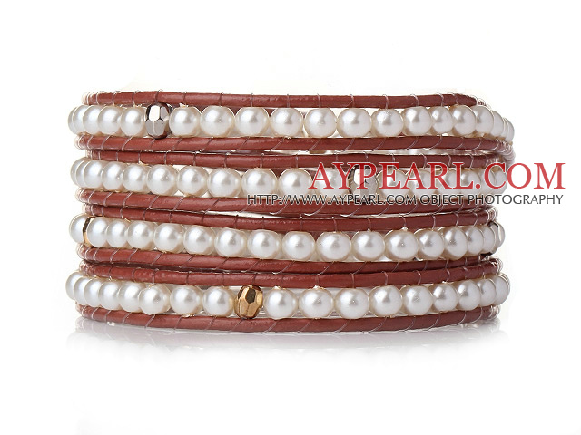 Popular Style Multi Strands Round White Acrylic Pearl Beaded Bracelet with Leather