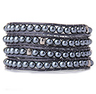 Popular Style Multi Strands Round Black Acrylic Pearl Beads Bracelet with Grey Leather