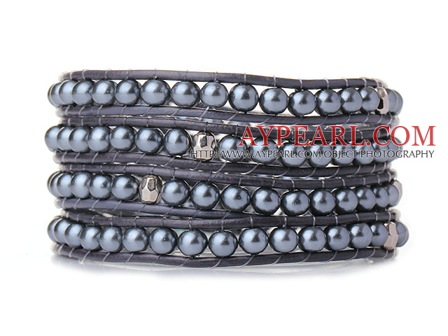 Popular Style Multi Strands Round Black Acrylic Pearl Beads Bracelet with Grey Leather