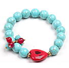 Simple Style Single Strand Blue Turquoise Beads Stretch/ Elastic Bracelet With Red Heart Charm