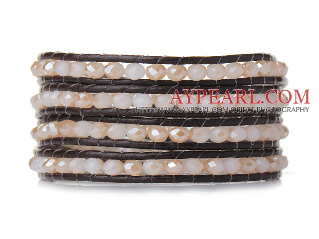 Popular Style Multi Strands Pink Jade-Like Crystal Beads Bracelet with Dark Brown Leather