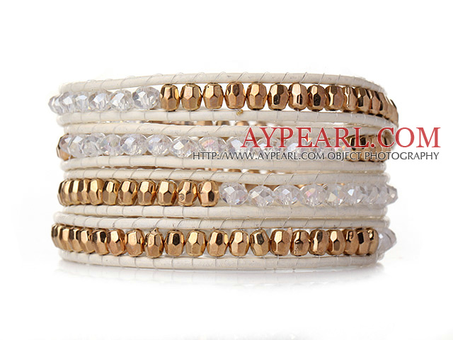 Popular Style Multi Strands White and Golden Manmade Crystal Beads Bracelet with White Leather