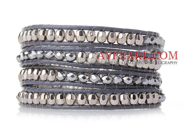 Popular Style Multi Strands Silver and Grey Manmade Crystal Beads Bracelet with Grey Leather