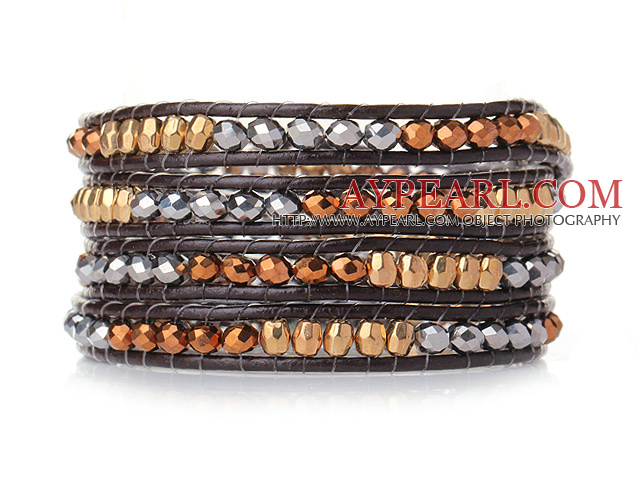 Popular Style Multi Strands Multi Color Manmade Crystal Beads Bracelet with Dark Brown Leather