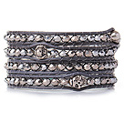 Wholesale Popular Style Multi Strands Grey Manmade Crystal Beads Bracelet with Grey Leather and Skull Charm