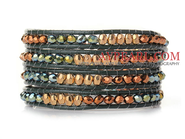 Populäre Art Multi Strands goldenen und grünen künstlichen Kristall Perlen Armband mit grünem Leder