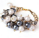 Pretty Cluster Style Round White and Black Acrylic Pearl Beads Bracelet with Charm