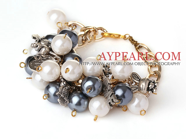 Pretty Cluster Style Round White and Black Acrylic Pearl Beads Bracelet with Charm